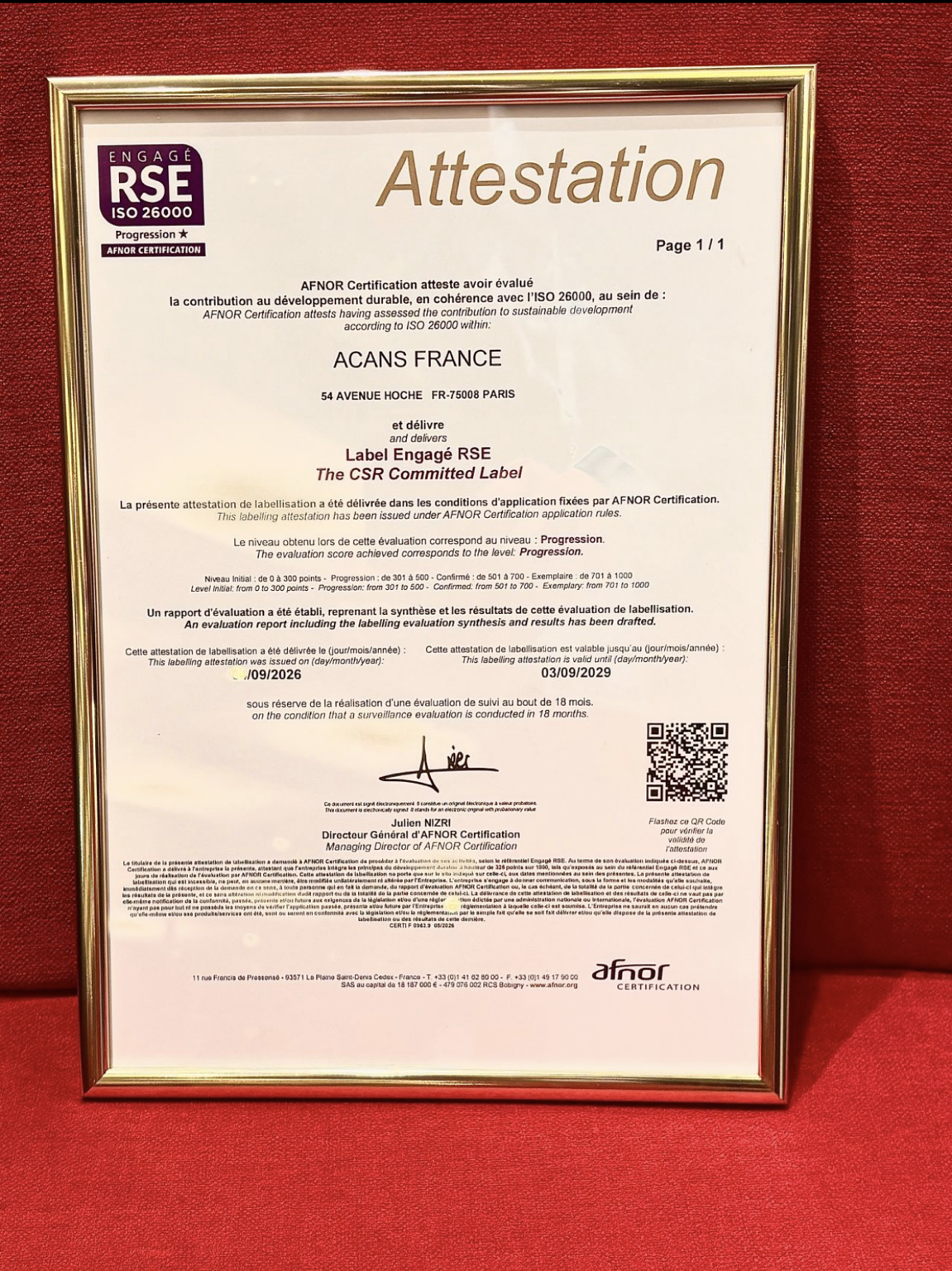 Attestation AFNOR du Label Engagé RSE niveau Progression attribué à ACANS FRANCE